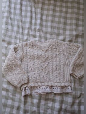 Zara Cream Cable Knit Sweater with Lace Hem